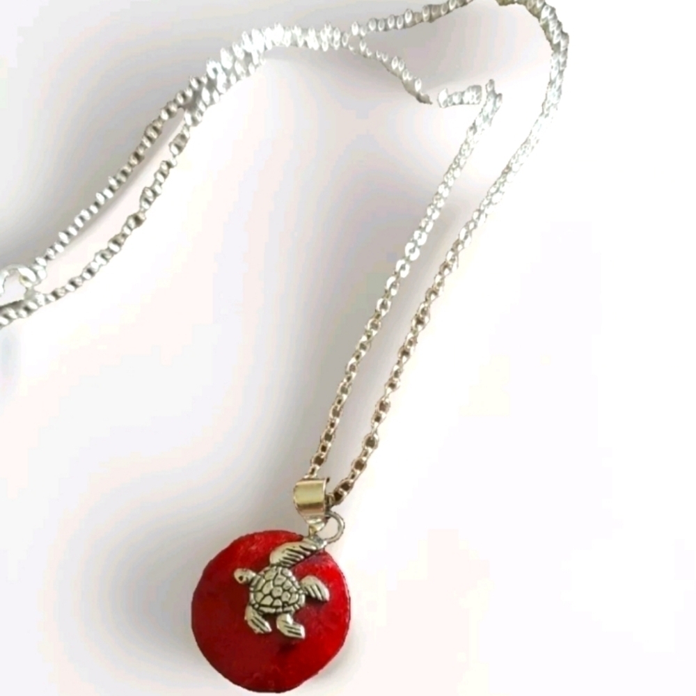 Red Coral Silver Turtle Pendant Necklace